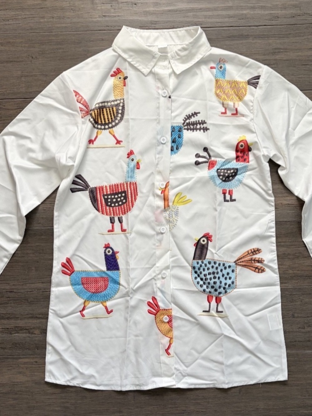 Womens Small Chicken Hen Blouse White Button Up Shirt Farm Animal Colorful Print